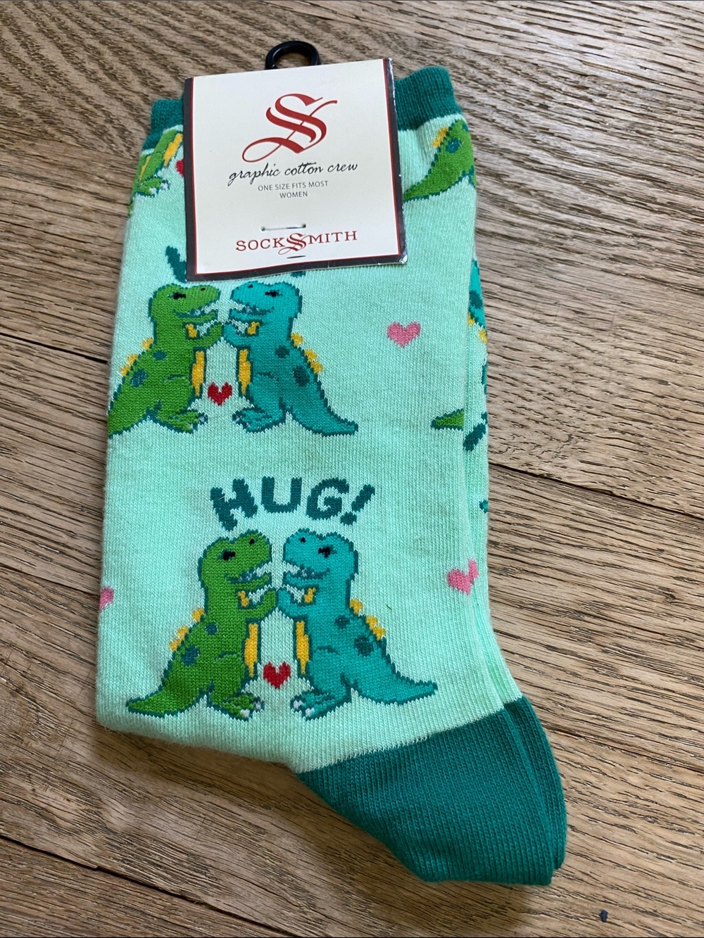 NWT Socksmith Women’s Mint Green Dinosaur Hug Crew Socks - OS
